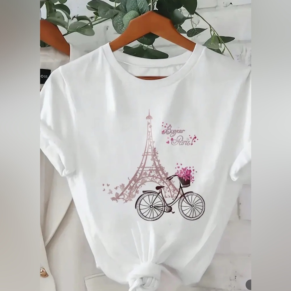 White Graphic Tee with Eiffel Tower Design - Picture 2 of 6